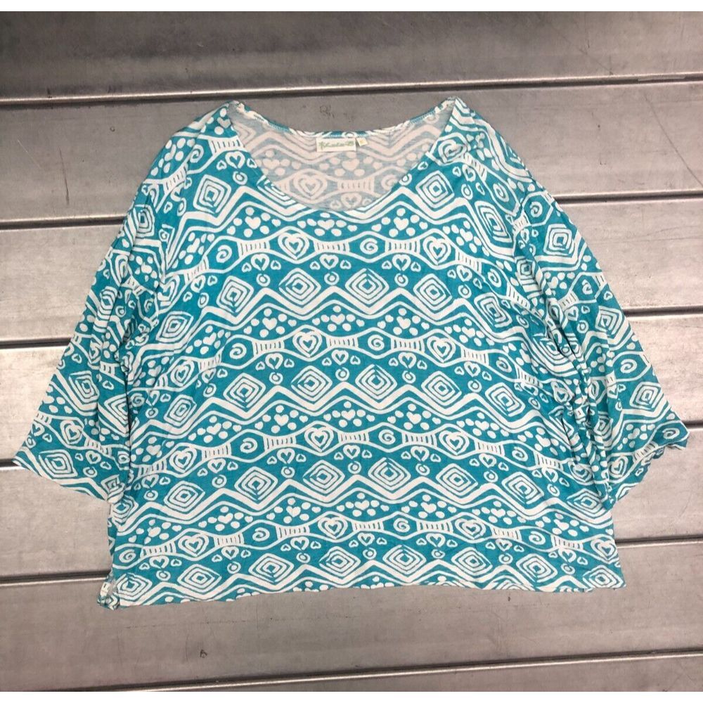 Lulu B Blouse Top Womens XL Blue White Geometric 3/4 Sleeve Lightweight Beach
